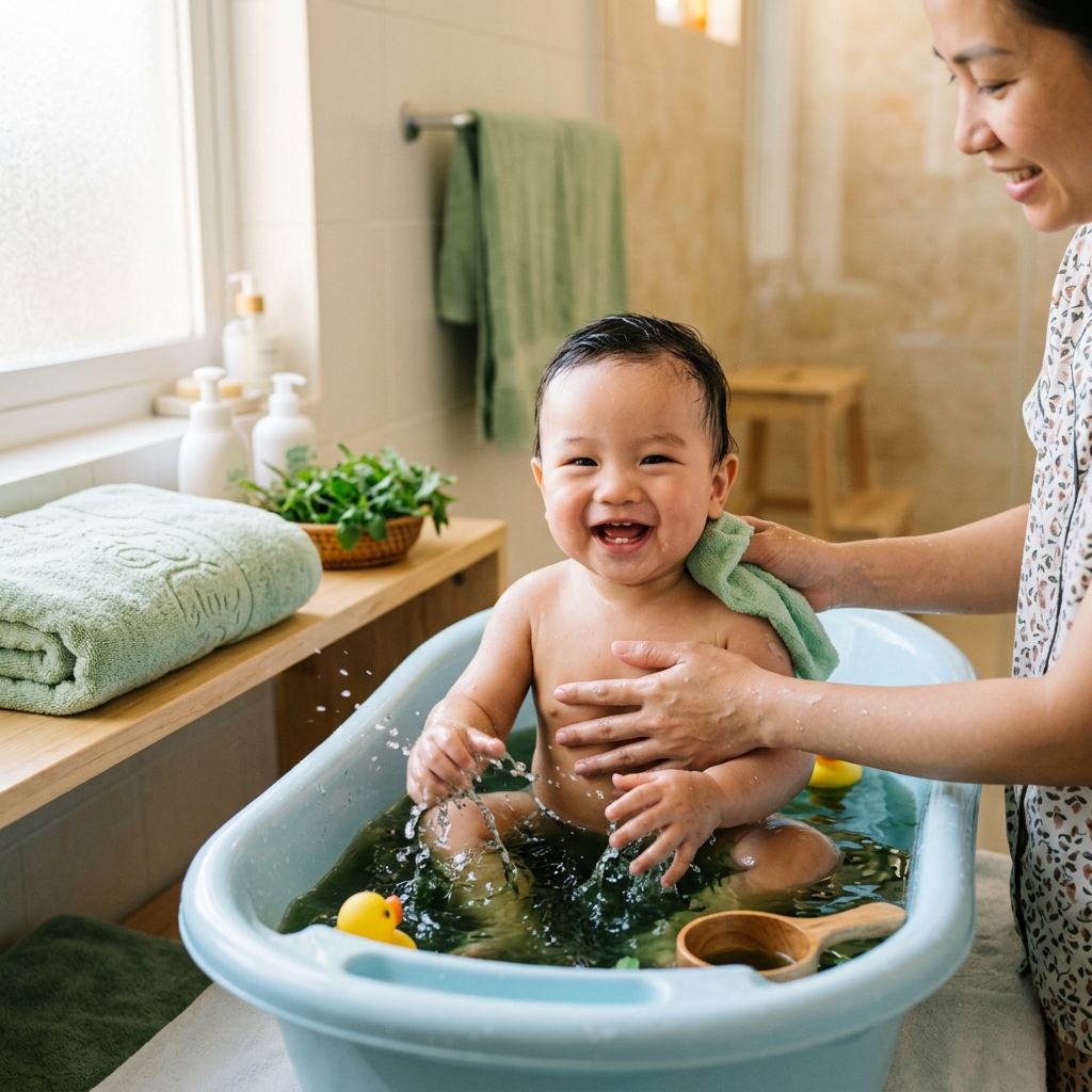 Bé tắm nước lá tràm vui vẻ